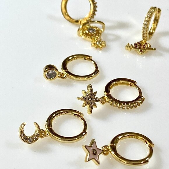 6 Gold Plated Sterling Silver Planets and Stars Earrings - Picture 6 of 7